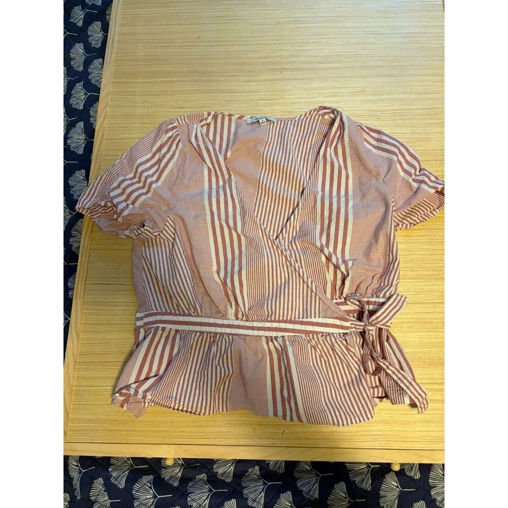 Madewell Womens M Pink White Stripe Wrap Peplum Blouse Cotton Tie Waist